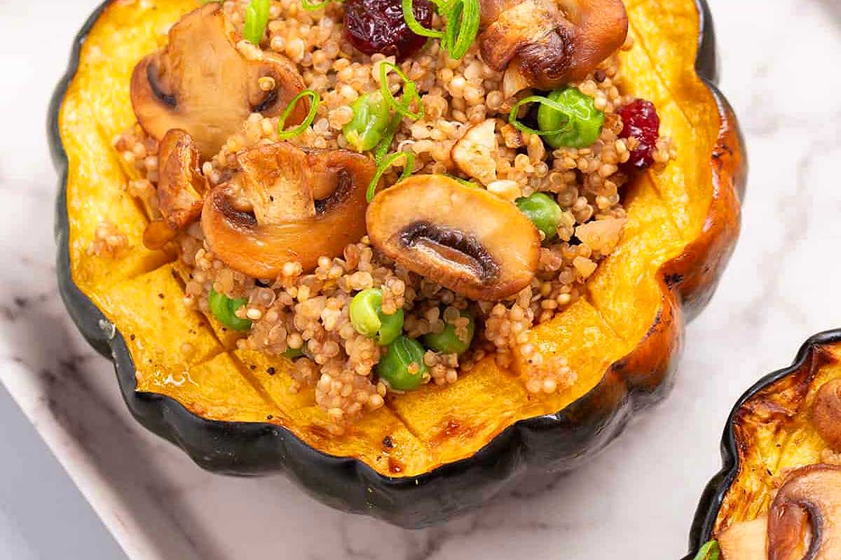 Stuffed acorn squash with quinoa and mushrooms.