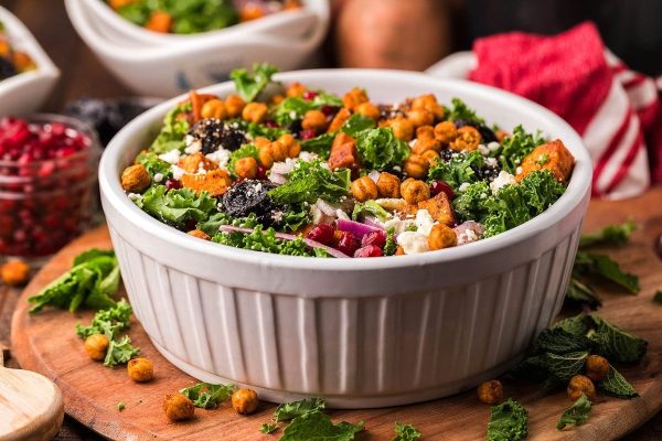 Chickpea salad with pomegranate and kale.