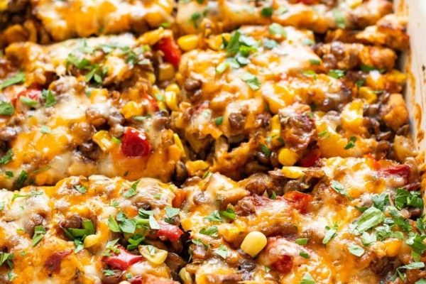 Mexican enchilada casserole in a baking dish.