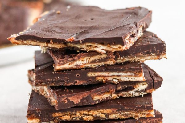 A stack of chocolate bars stacked on top of each other.
