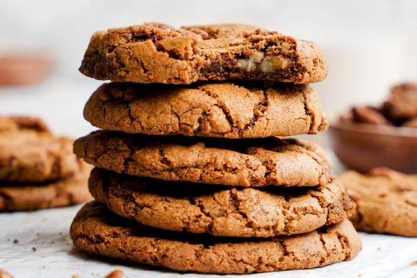 A stack of cookies with pecans on top.