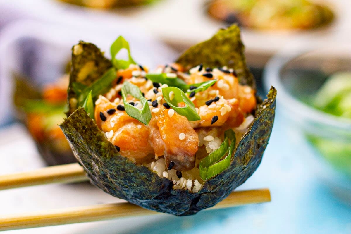 Japanese fried rice in a bowl with chopsticks.