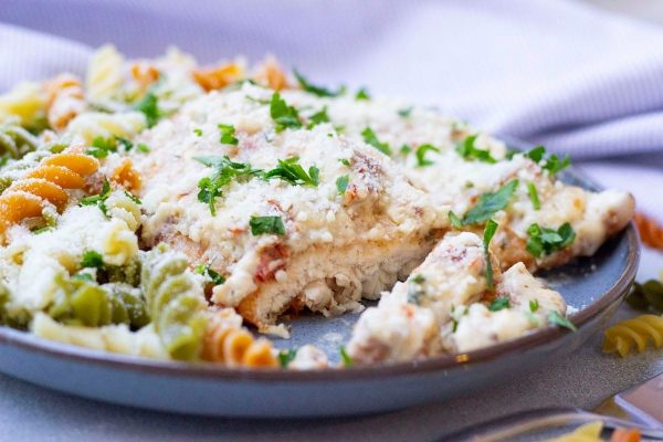 Chicken parmesan casserole on a plate.