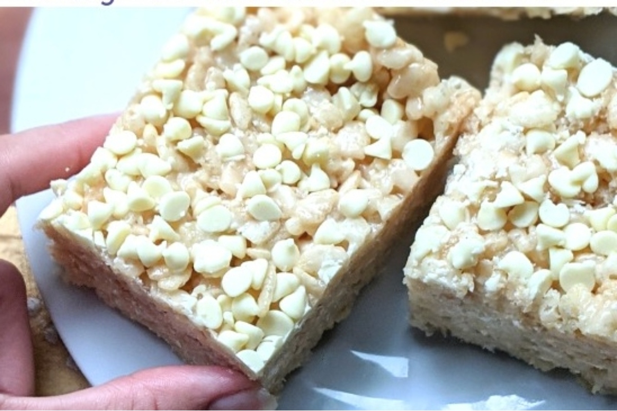 White Chocolate Rice Krispy Treats on a Plate.