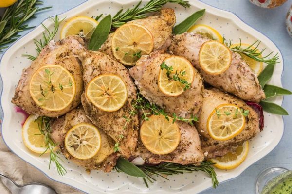 Bone-in chicken breast with lemon and rosemary on a plate.