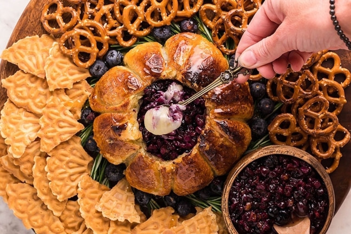 A plate with appetizers featuring pretzels and blueberries, perfect for New Year's Eve celebrations.