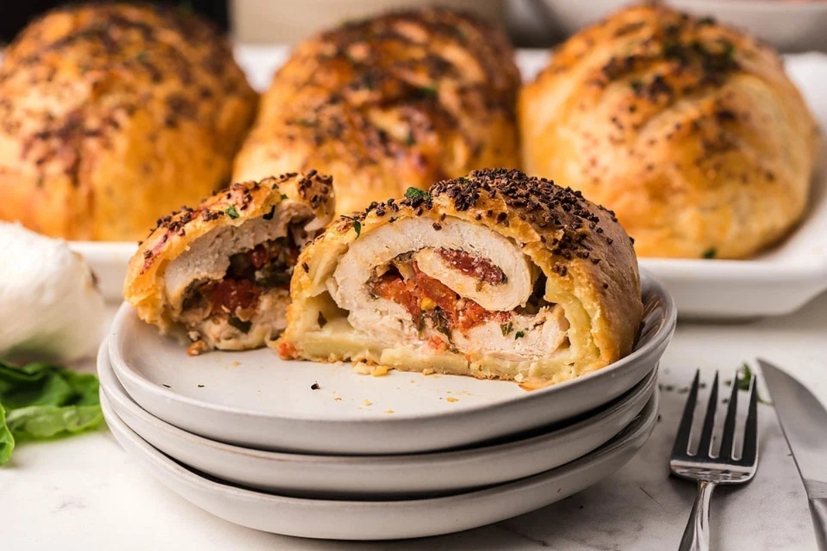 A plate of chicken stuffed pastries on a white plate, perfect for winter indulgence.