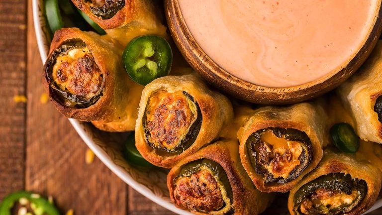 Cheesy jalapeno spring rolls with dipping sauce, perfect for fall appetizers.