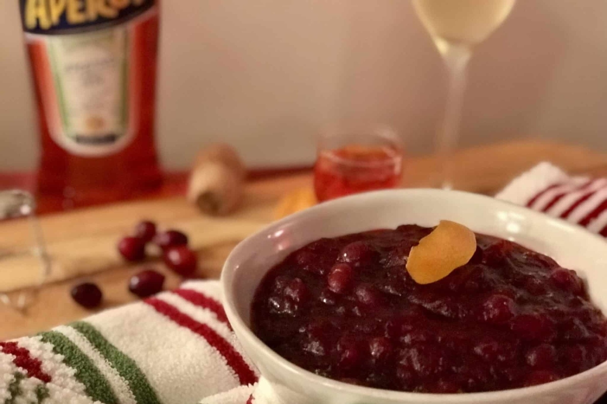 A bowl of cranberry sauce.