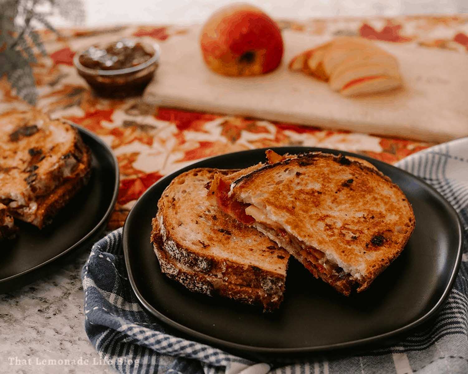 A plate of grilled cheese with apple slices on it.