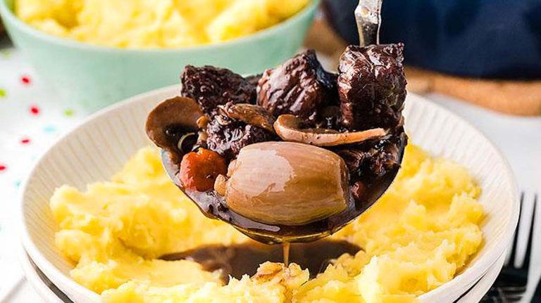 Beef Stewed with Mushrooms, Red Wine and Bacon.