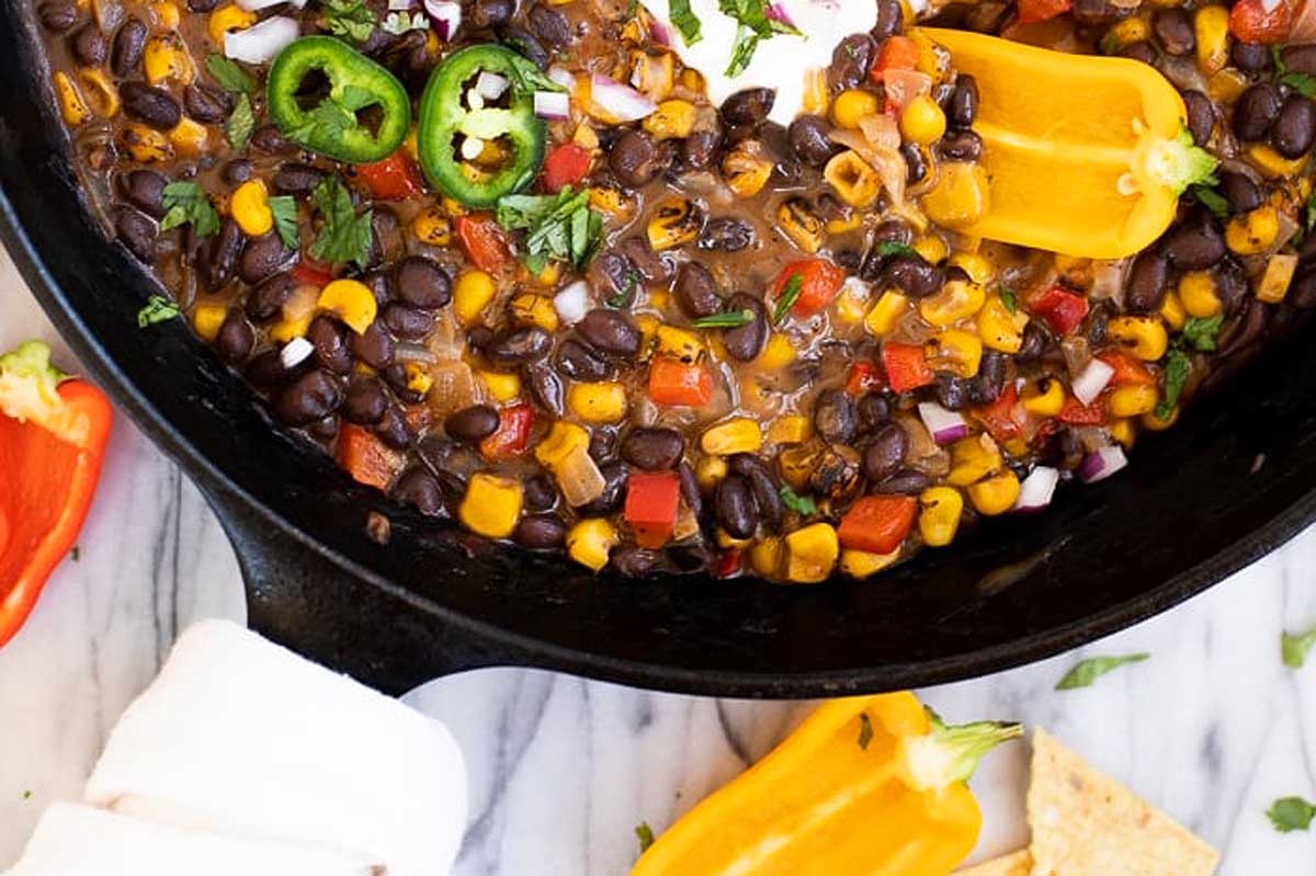 Mexican black bean dip in a skillet.