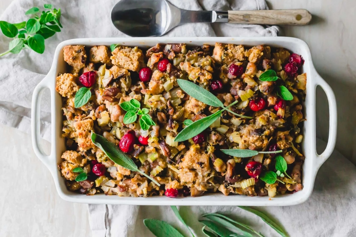 Cranberry stuffing recipe with cranberries and sage.
