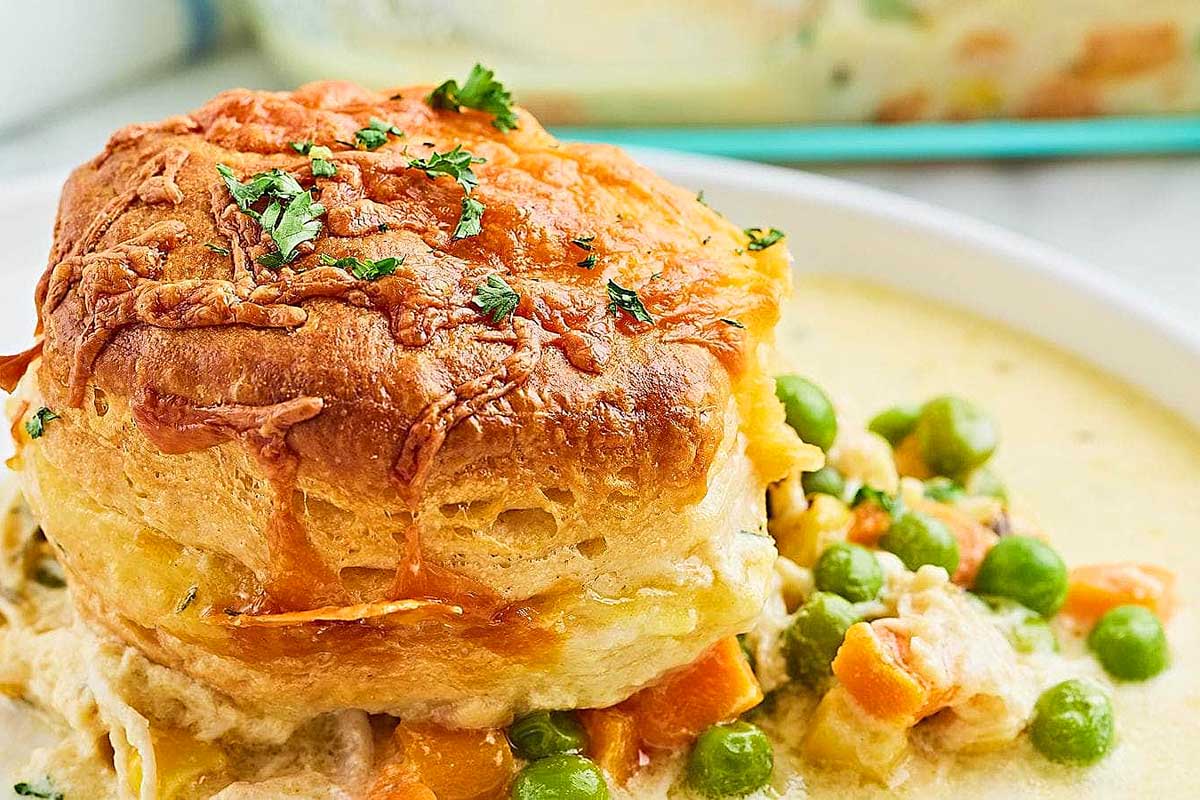 Chicken pot pie with peas and carrots.