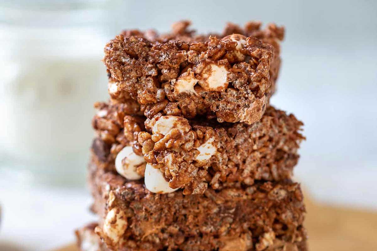 A stack of chocolate granola bars stacked on top of each other.