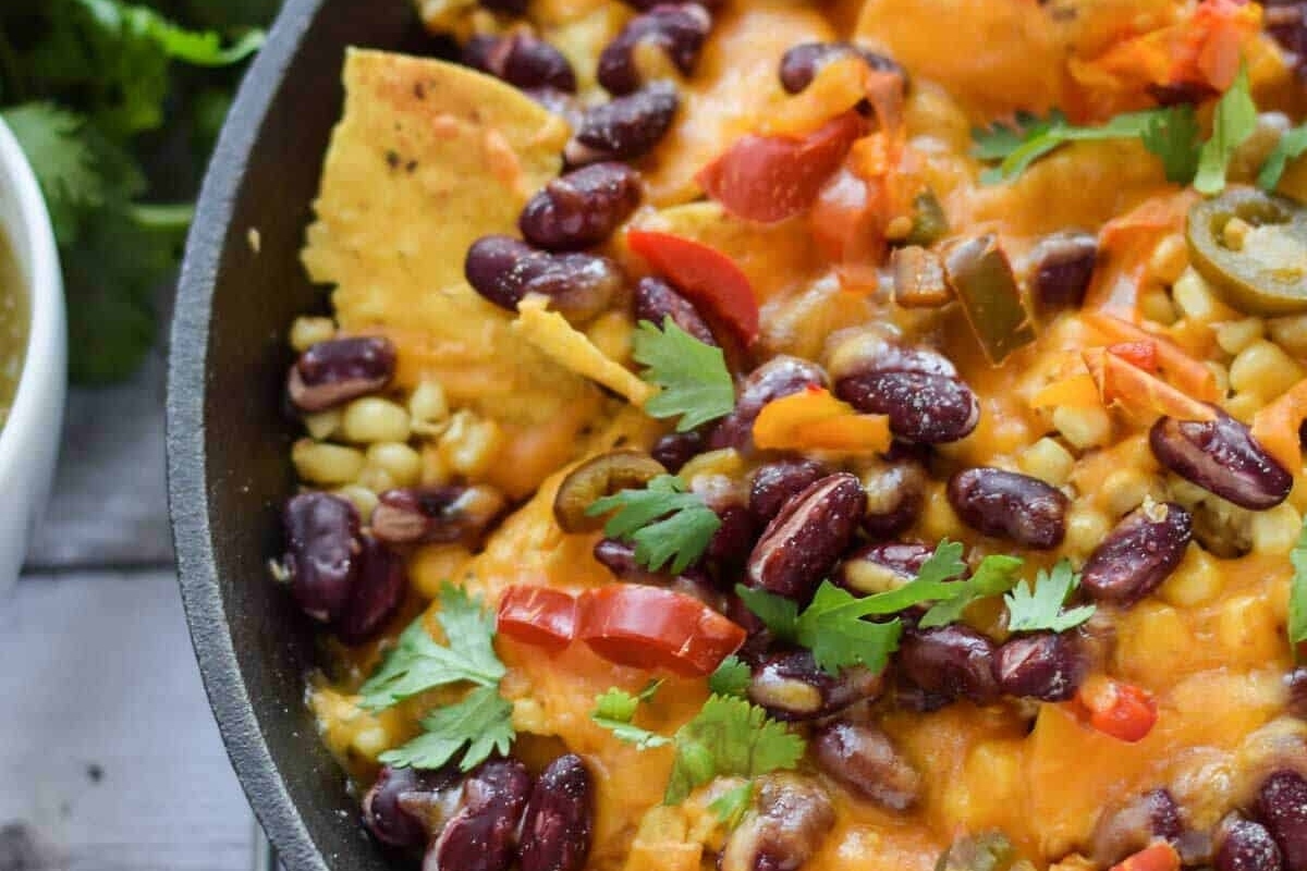 Black bean and corn casserole in a skillet.