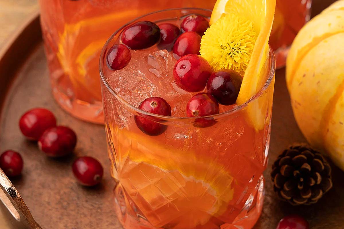 A glass of refreshing orange drink adorned with cranberries and pine cones, perfect for enjoying during fall.