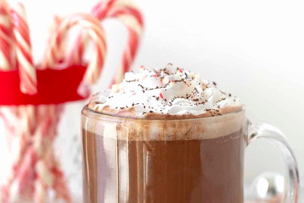 Starbucks Peppermint hot chocolate with whipped cream and candy canes.