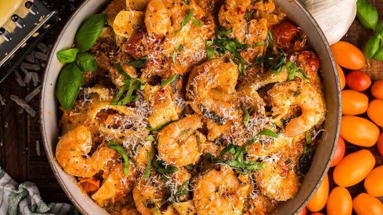 A romantic dish of pasta with shrimp and tomatoes on a wooden table, perfect for date night dinner ideas.