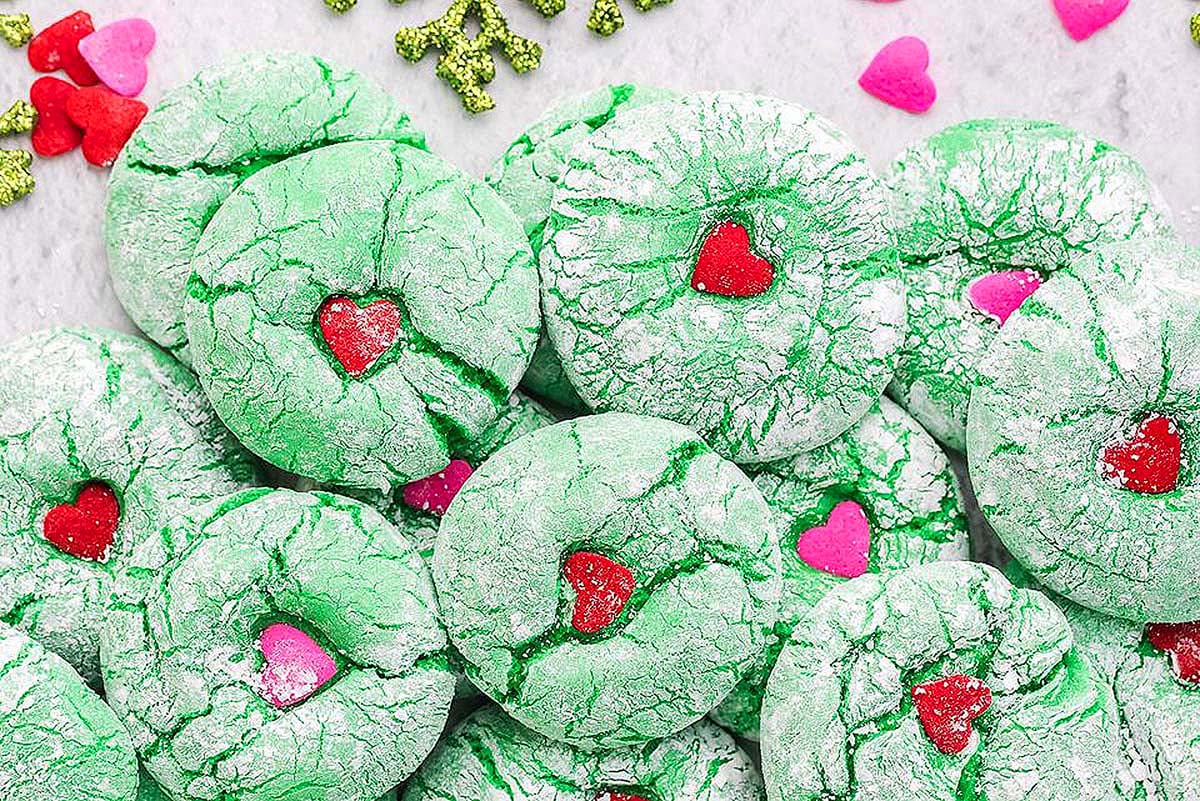 Valentine's day crinkle cookies with hearts and sprinkles.