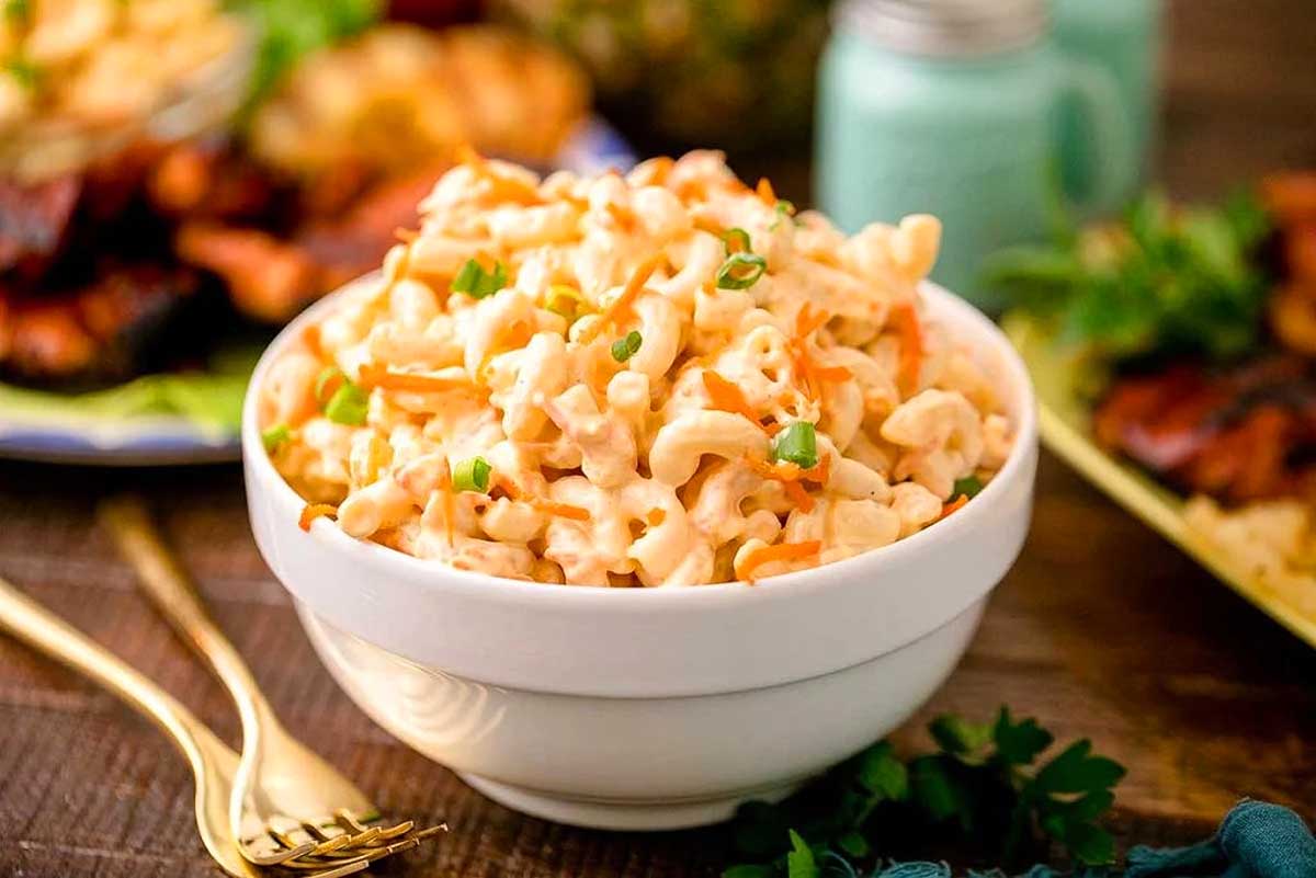 Inspired macaroni and cheese in a white bowl.