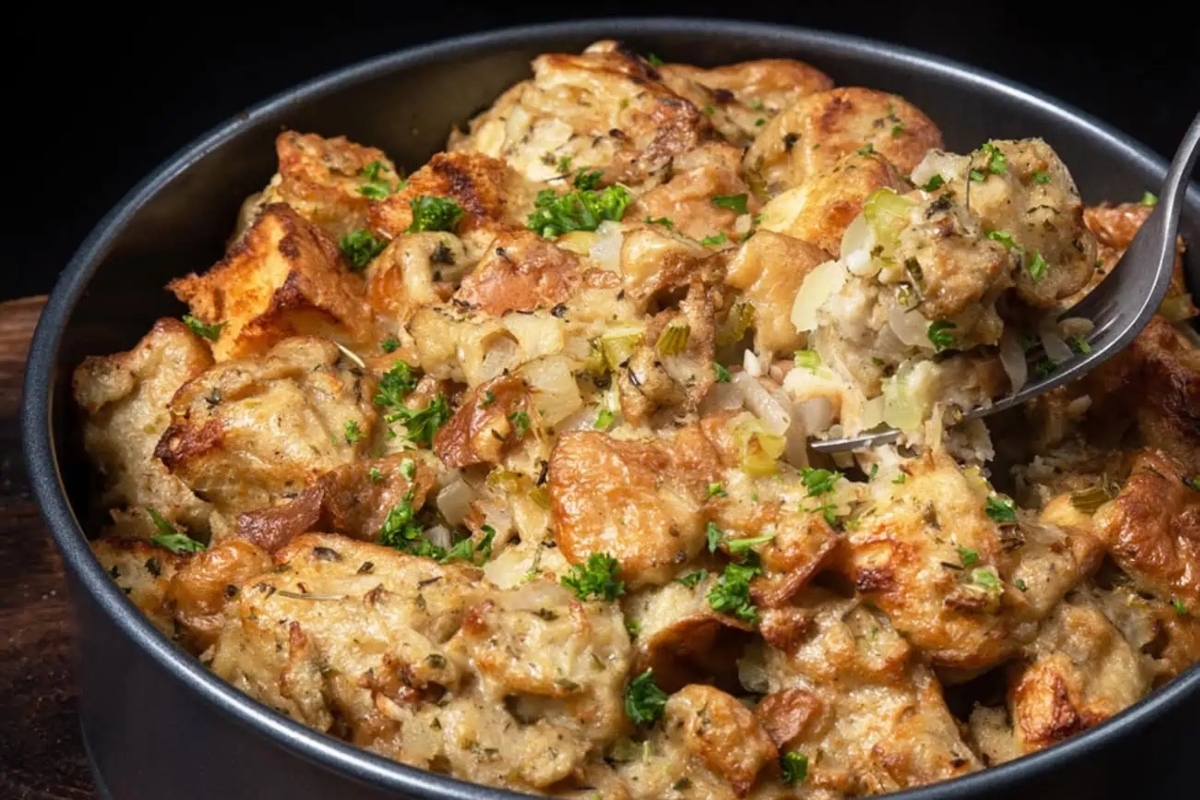 Delicious turkey stuffing Recipe cooked in a pan with a spoon.