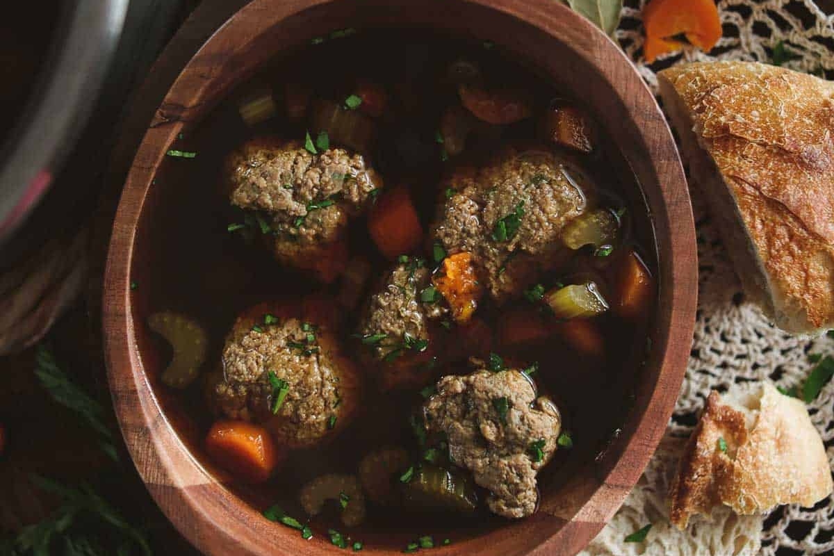 A German-inspired soup with meatballs and vegetables.