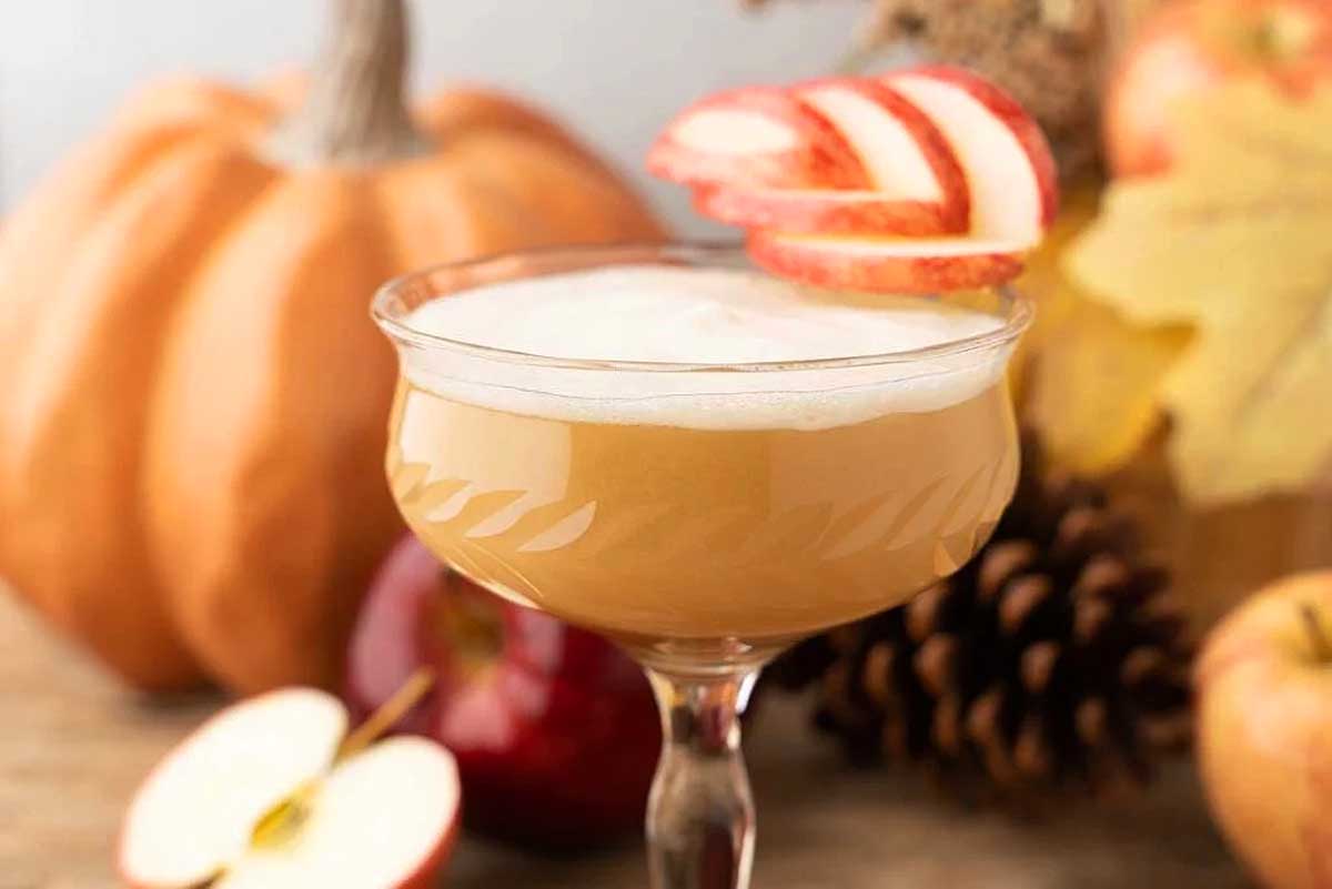 A fall cocktail featuring a glass of apple cider garnished with a slice of apple on top.