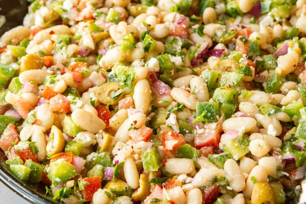 White bean salad in a skillet.
