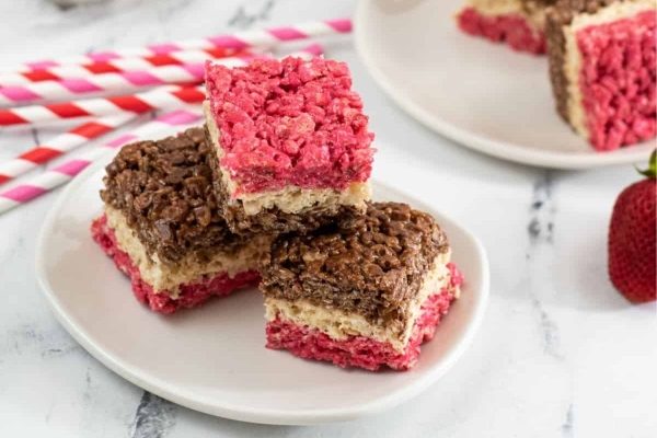Valentine's day rice krispie treats on a plate.