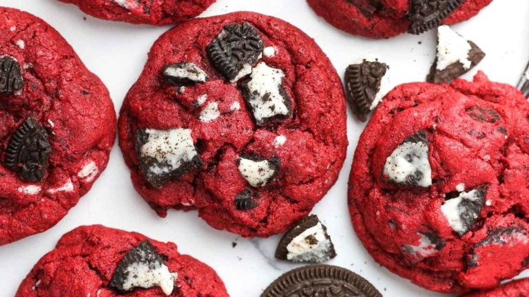 Festive red velvet cookies with a surprise Oreo filling, perfect for Christmas gatherings and holiday recipes.