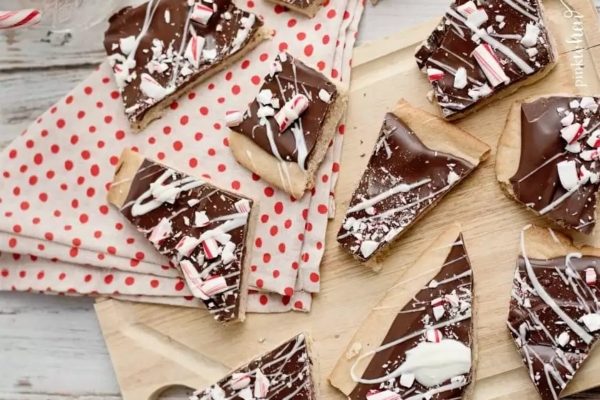 Chocolate peppermint bark on a cutting board.