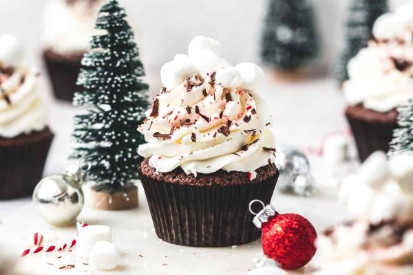 Chocolate cupcake with christmas decors.