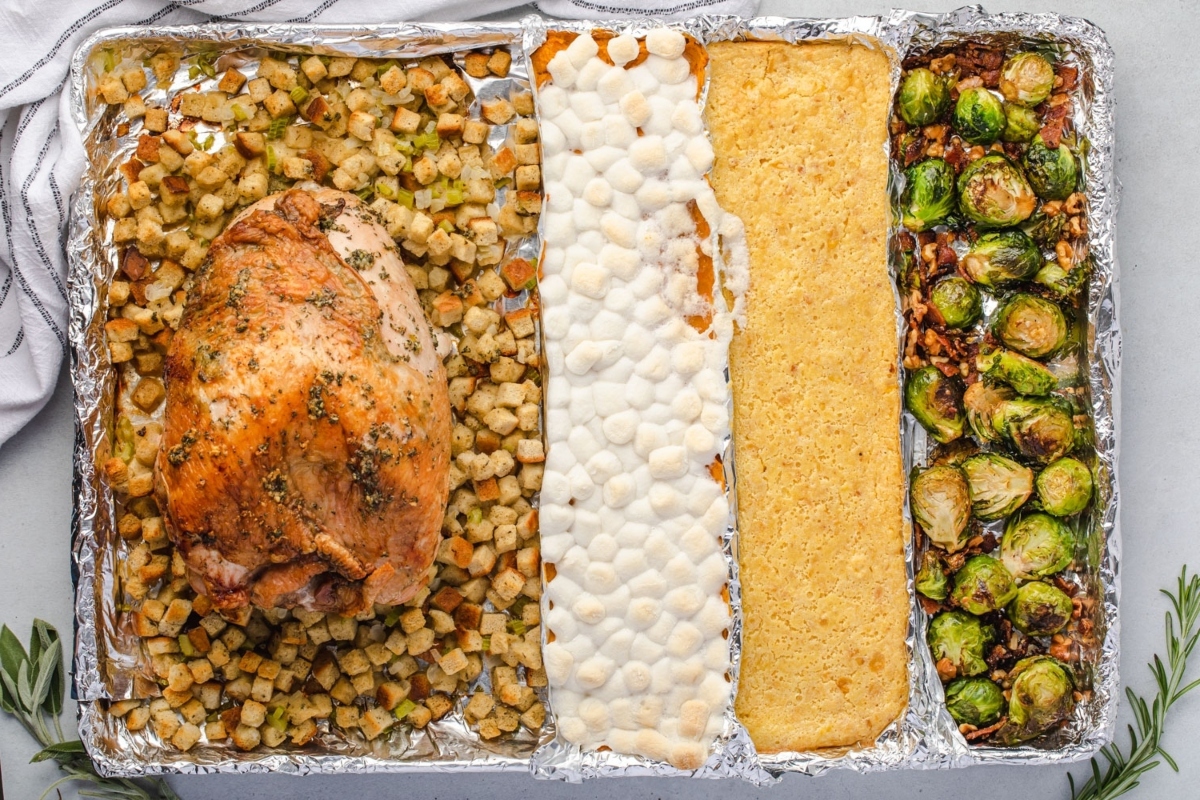 Sheet pan Thanksgiving turkey and brussels sprouts.