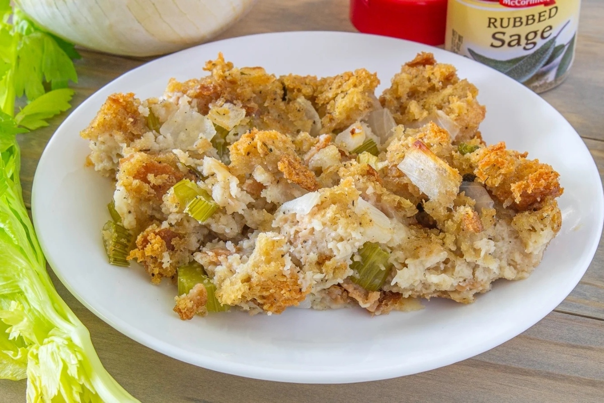 Delicious stuffing recipe served on a white plate.