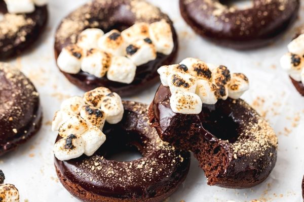 Chocolate s'mores donuts with marshmallows.
