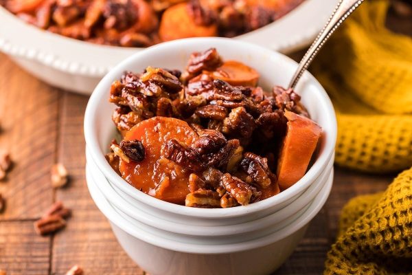 Sweet potato casserole with pecans in a jar.