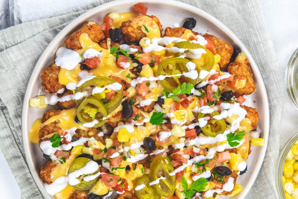 Mexican chicken nachos on a white plate.
