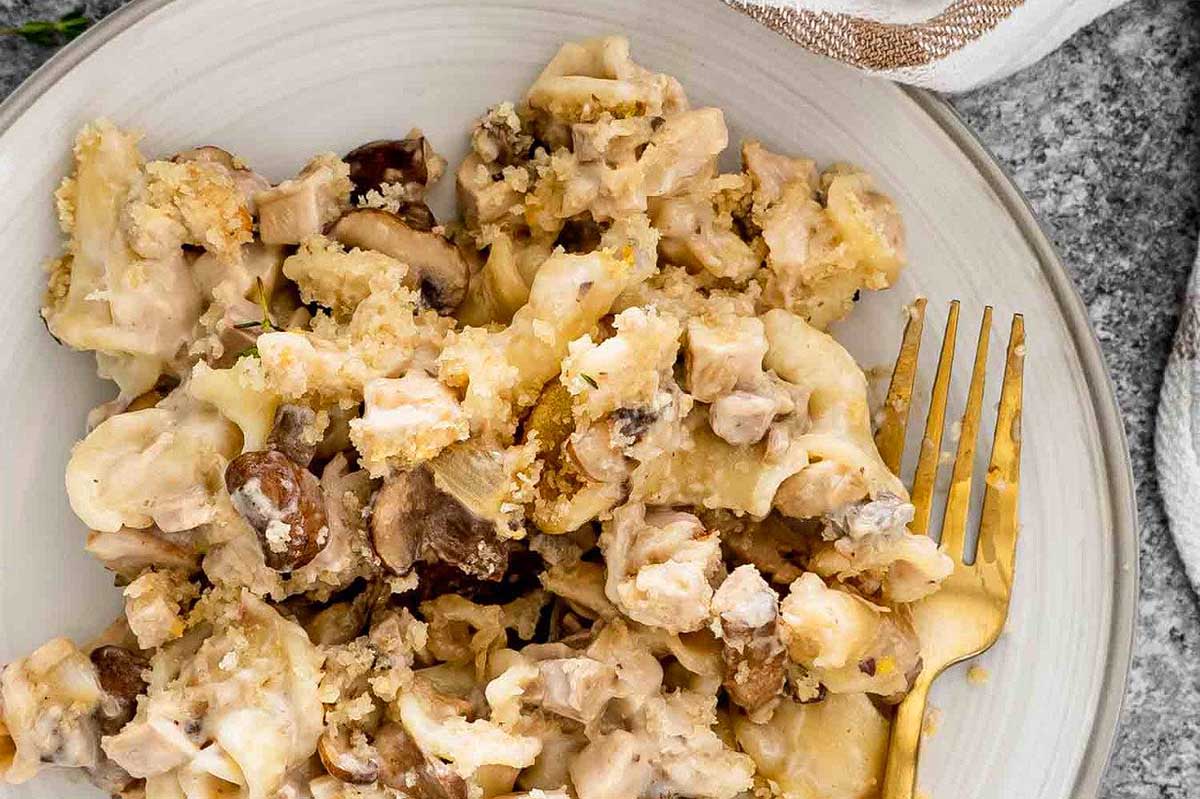 A plate of mushroom and chicken pasta with a fork.
