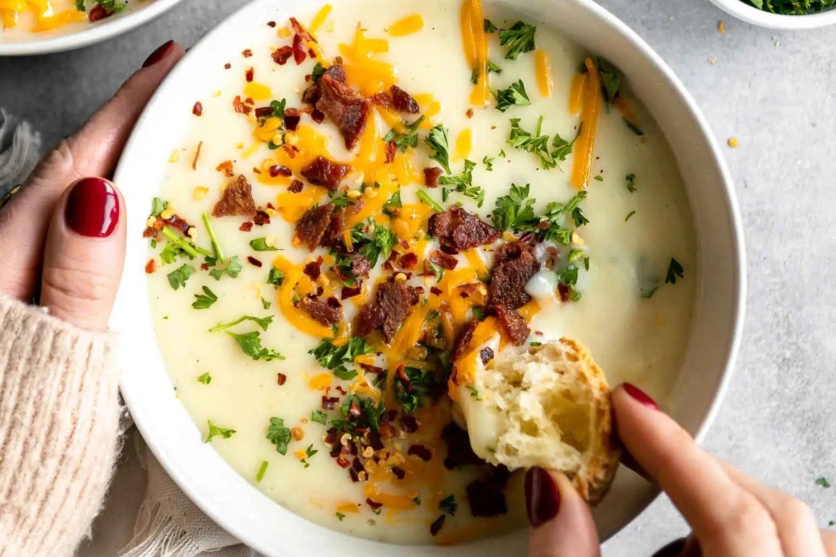 A person holding a piping hot bowl of delicious potato soup, topped with crispy bacon and melty cheese.