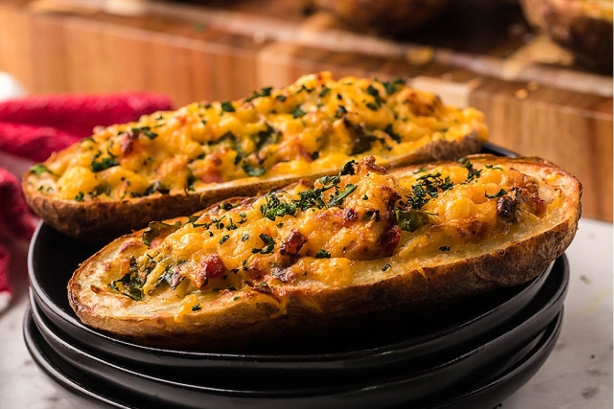 Two stuffed potatoes on a black plate prepared for breakfast.
