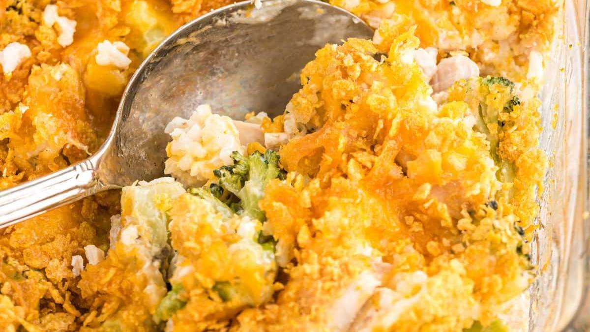 Shared chicken and broccoli casserole in a comforting casserole dish.