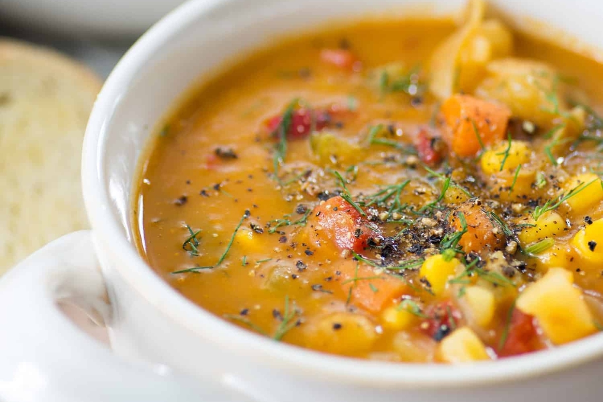 A Chowder recipe with vegetables and bread.