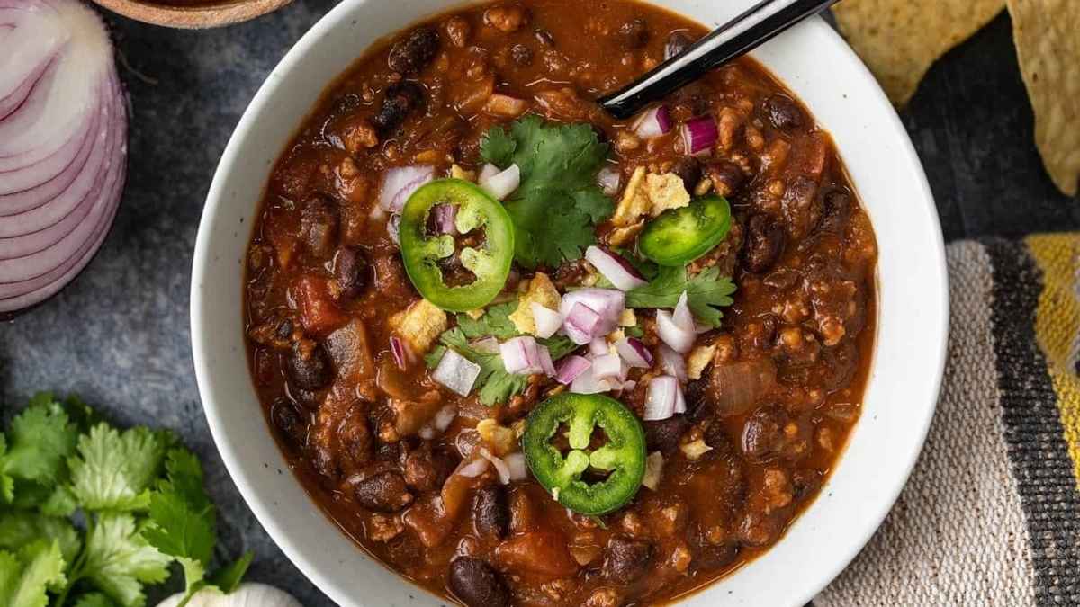 Black bean chili in a bowl.