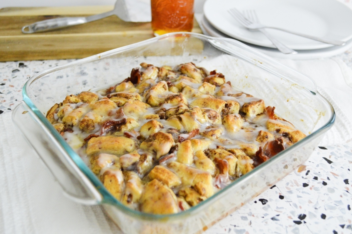 A Christmas casserole baking in a glass dish.