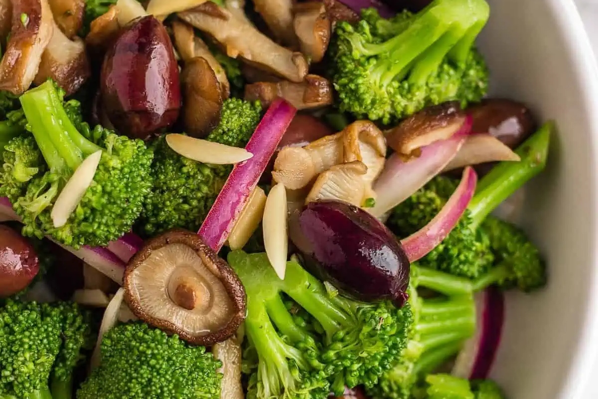 A bowl of broccoli and mushrooms, ready for some delicious recipes.