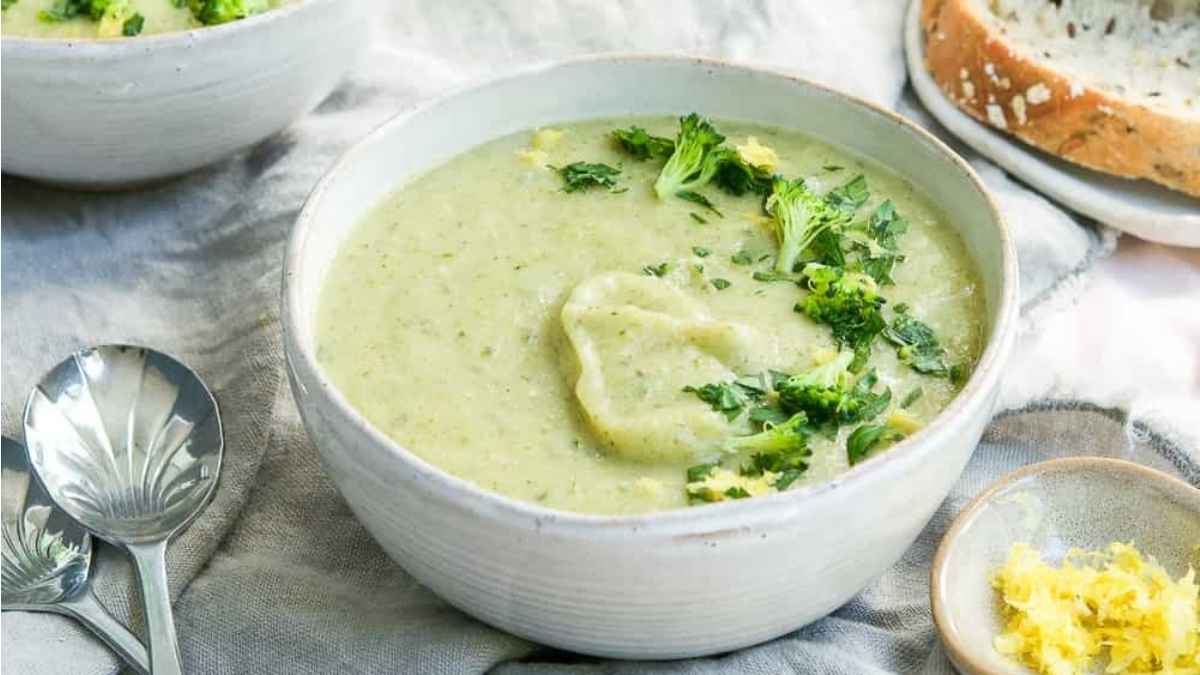 Broccoli and potato soup in a bowl.