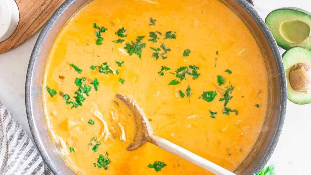 A comforting bowl of shared chicken enchilada soup with avocado and a spoon.