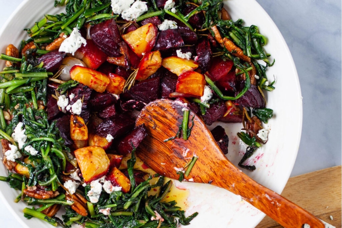 Keyword: vegetable 

Modified description: Vegetable-loaded beet salad with goat cheese and walnuts.