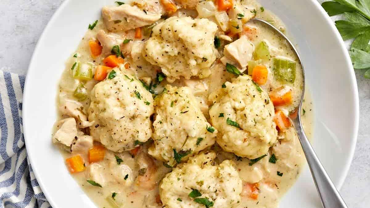 Chicken and dumplings on a plate.